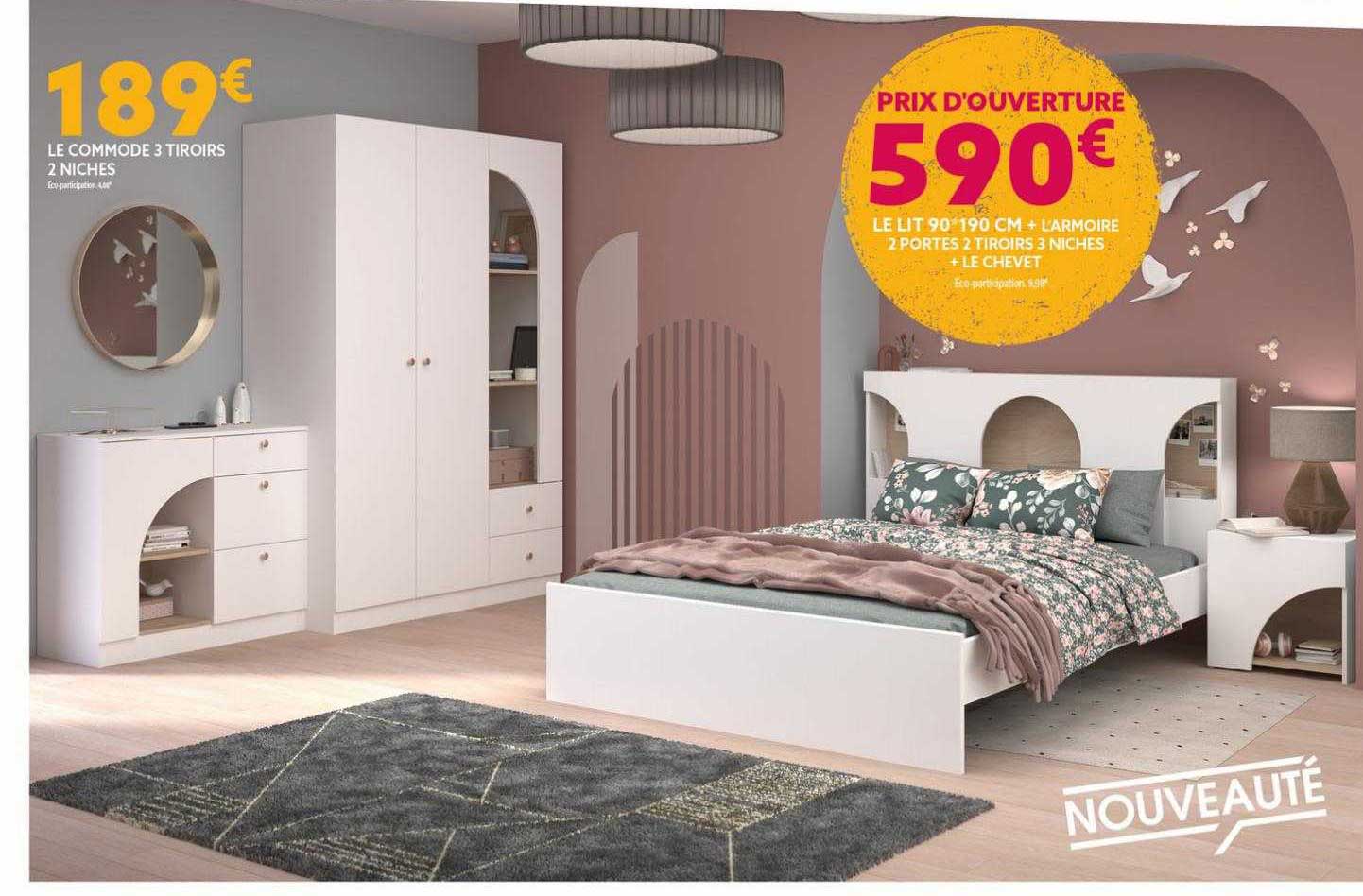 le commande 3 tiroirs 2 niches, le lit 90 x 190 cm + l'armoire 2 ortes 2 tiroirs 3 niches + le chevet