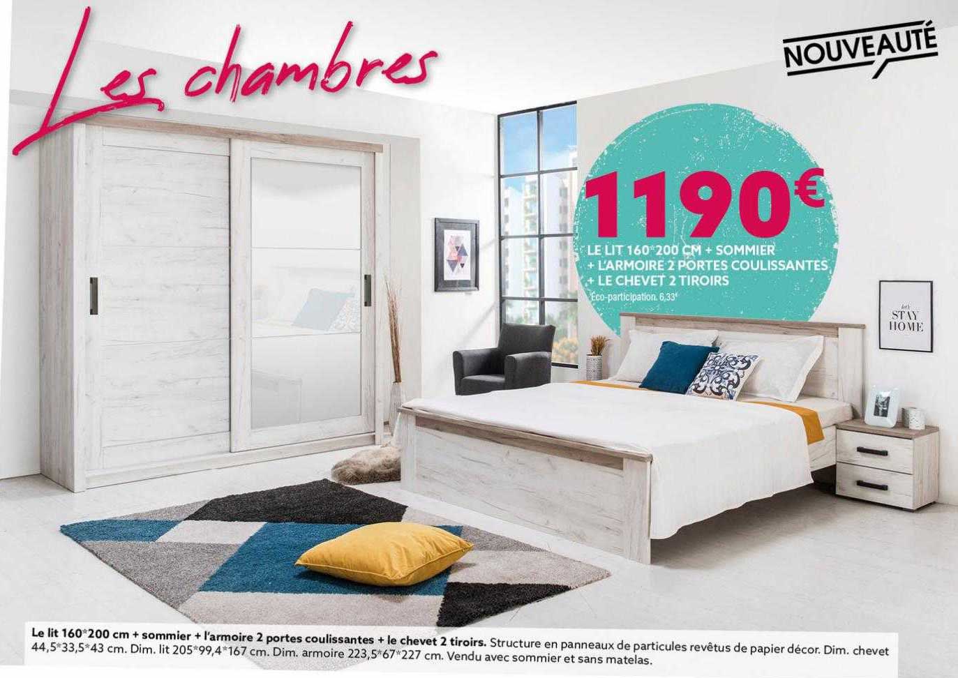 le lit 160 x 200 cm + sommier + l'armoire 2 portes coulissantes + le chevet 2 tiroirs