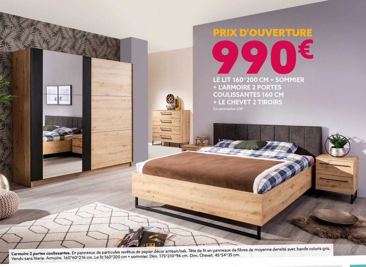 le lit 160 x 200 cm + sommier + l'armoire 2 portes coulissantes 160 x + le chevet 2 tiroirs