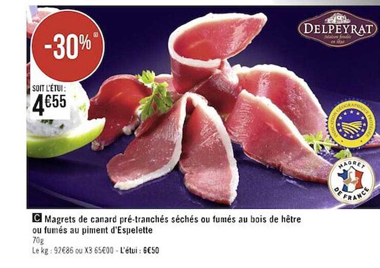 magrets de canard pré-tranchés séchés ou fumés au bois de hêtre ou fumés au piment d'espelette