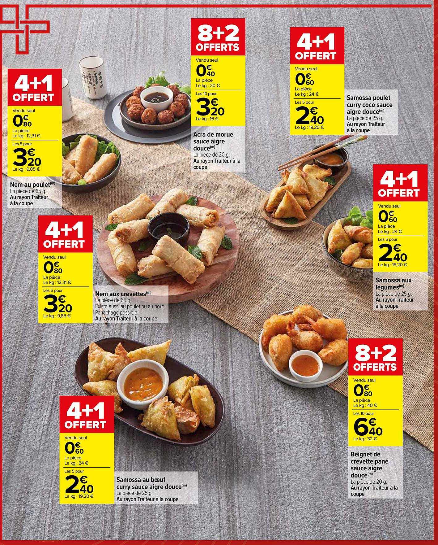 nem au poulet, nem aux crevettes, samoussa au bœuf curry aigre douce, acra de morue sauce aigre douce, samossa poulet curry coco sauce aigre douce, samossa aux légumes, beignets de crevette pané