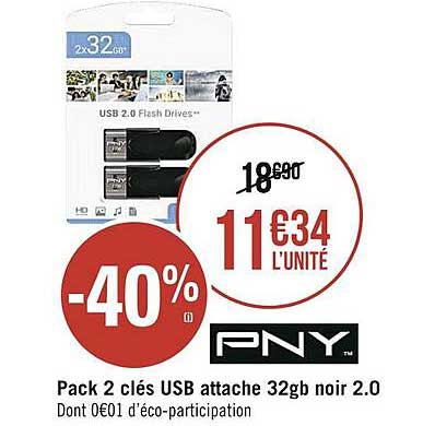 pack 2 clés usb attache 32gh noir 2.0 pny