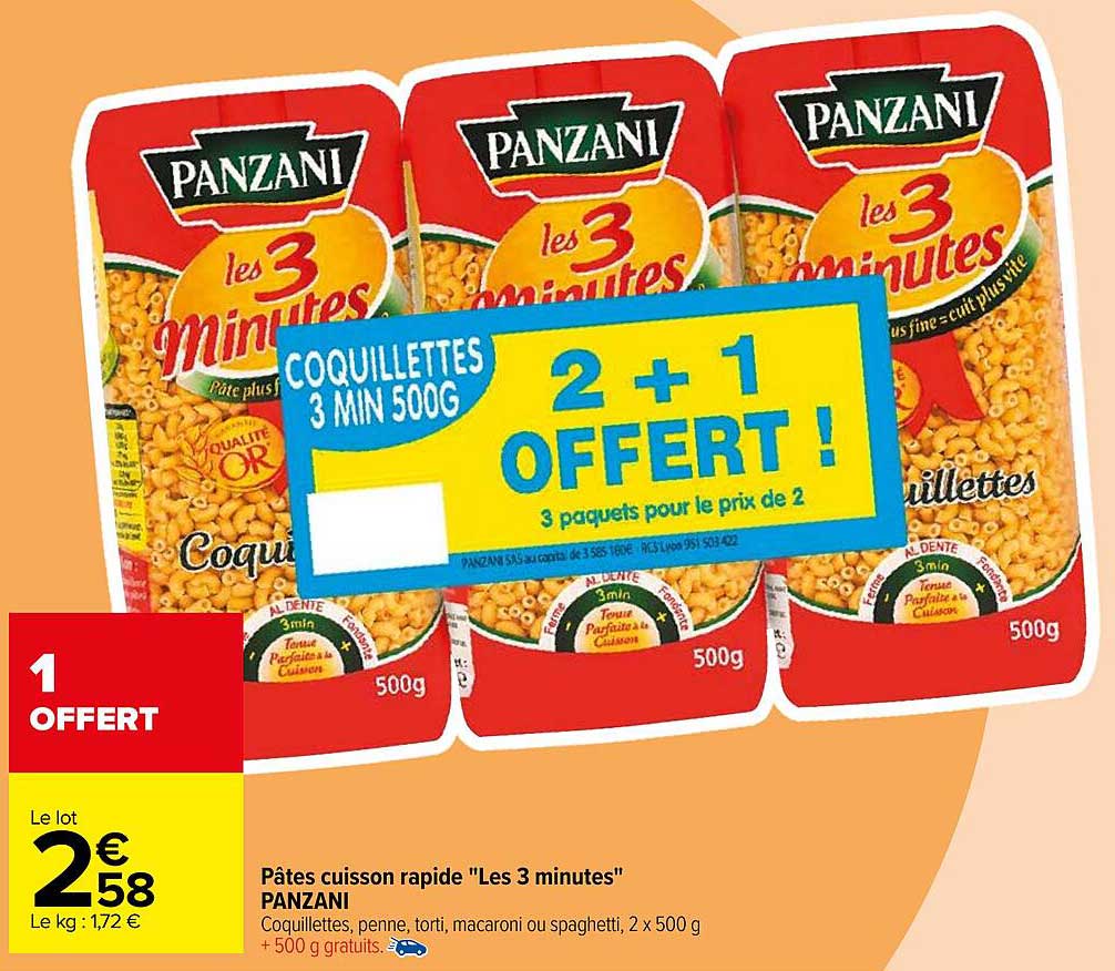 pâtes cuisson rapide "les 3 minutes" panzani