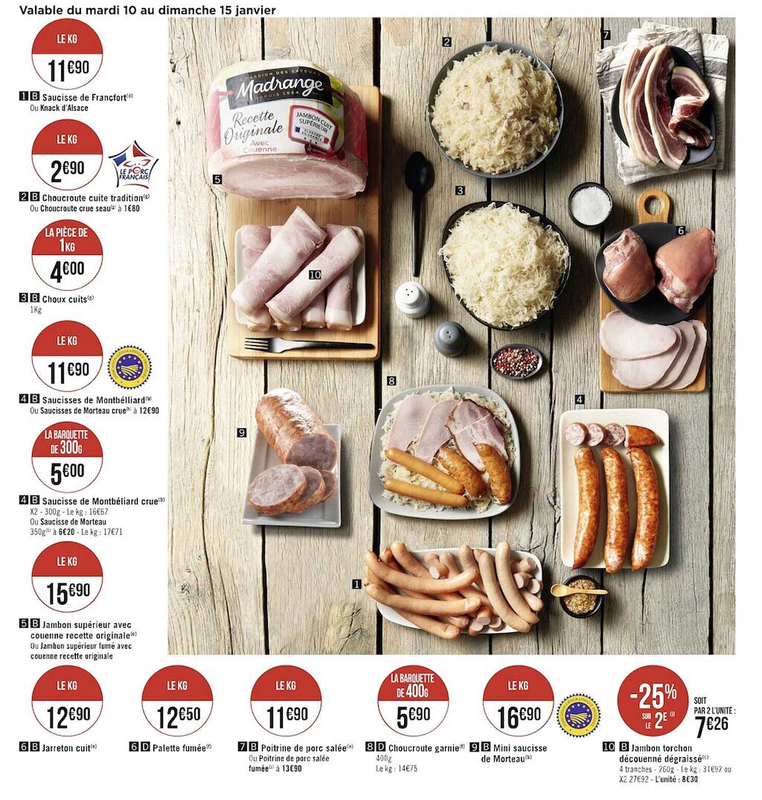 saucisse de francfort, choucroute cuite tradition ou choucroute crue seau, choux cuits, saucisses de montbéliard ou saucisses de morteau crus, jambon supérieur avec couenne, jarreton cuit, palette