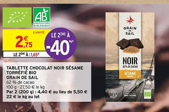 tablette chocolat noir sésame torréfié bio grain de sail