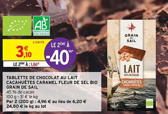 tablette de chocolat au lait cacahuètes caramel fleur de sel bio grain de sail