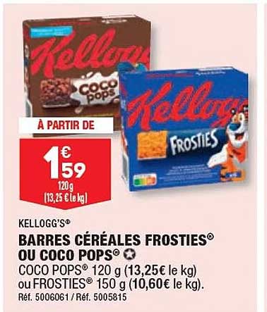 barres céréales frosties ou coco pops kellogg's