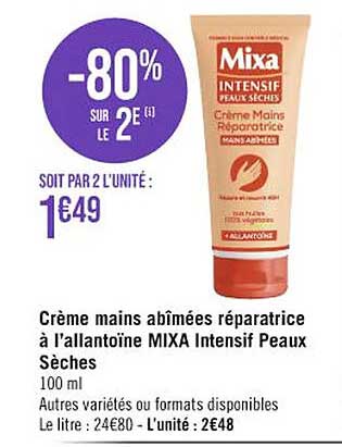 crème mains abîmées réparatrice à l'allantoïne mixa intensif peaux sèches