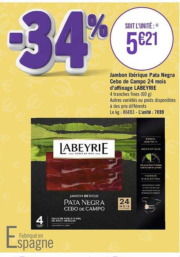 jambon ibérique pata negra cebo de campo 24 mois d'affinage labeyrie