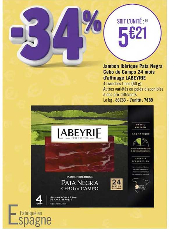 jambon ibérique pata negra cebo de campo 24 mois d'affinage labeyrie