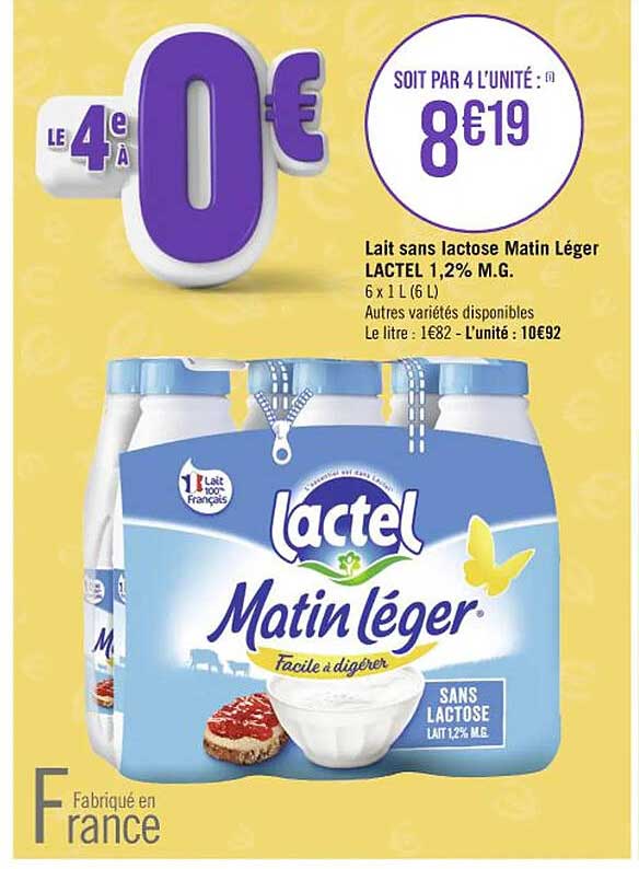lait sans lactose matin léger lactel 1,2% m.g.