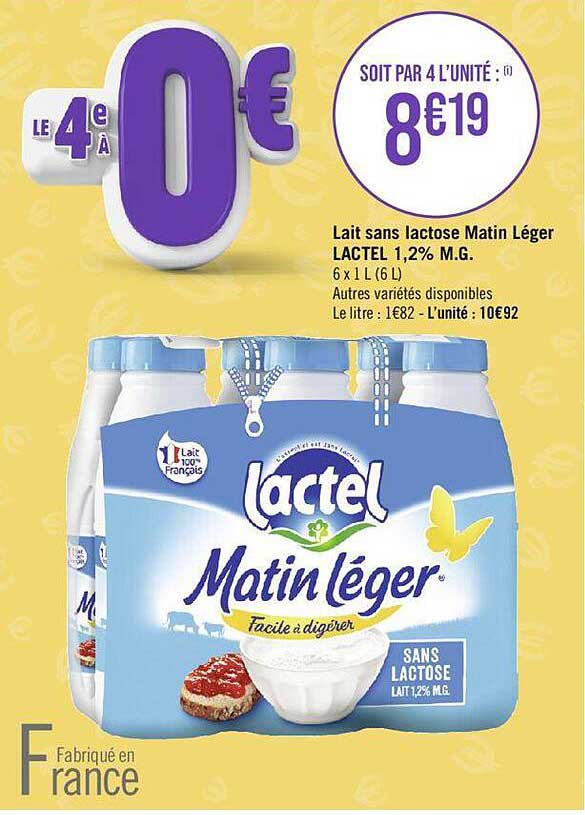lait sans lactose matin léger lactel 1,2% m.g.