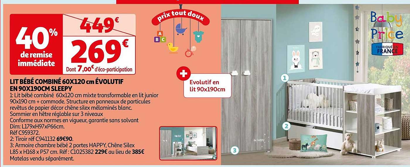 lit bébé combiné 60 x 120 cm évolutif en 90 x 190 cm sleepy