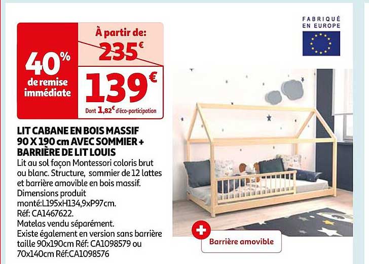lit cabane en bois massif 90 x 190 cm avec sommier + barrière de lit louis