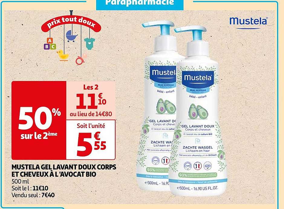 mustela gel lavant doux corps et cheveux à l'avocat bio