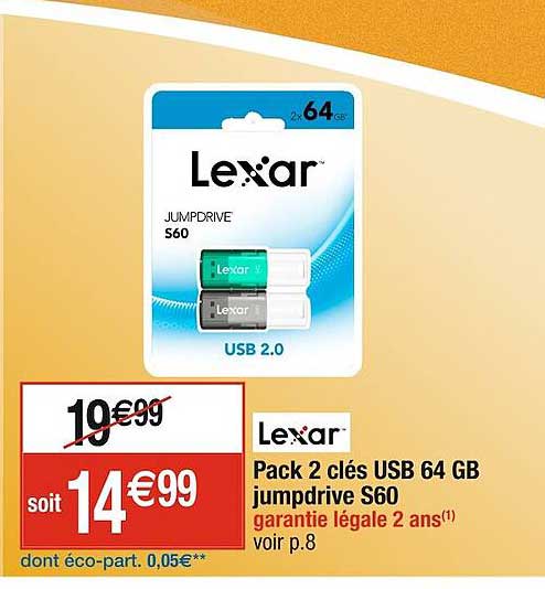 pack 2 clés usb 64 gb jumpdrive s60 lexar
