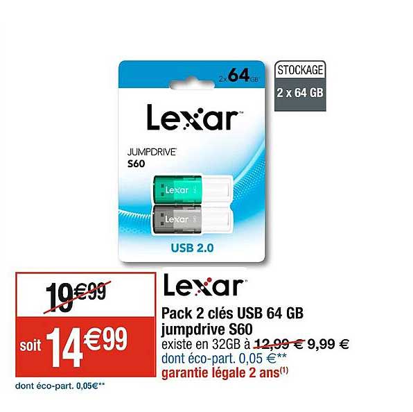 pack 2 clés usb 64 gb jumpdrive s60 lexar