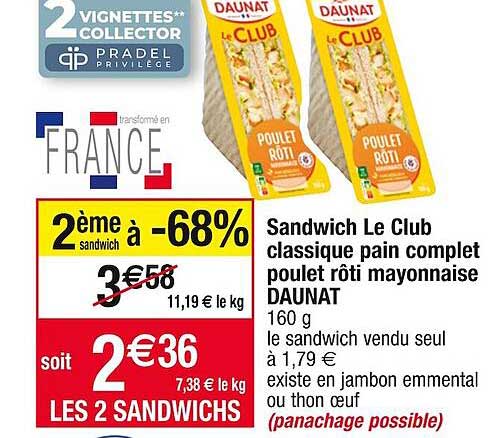 Sandwich Le Club Classique Pain Complet Poulet Rôti Mayonnaise Daunat