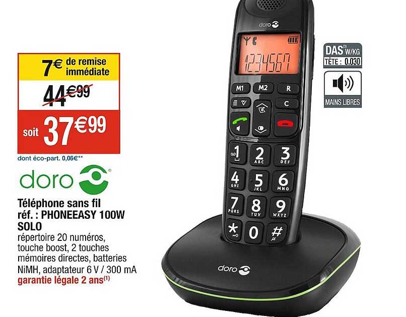 téléphone sans fil phoneeasy 100w solo doro