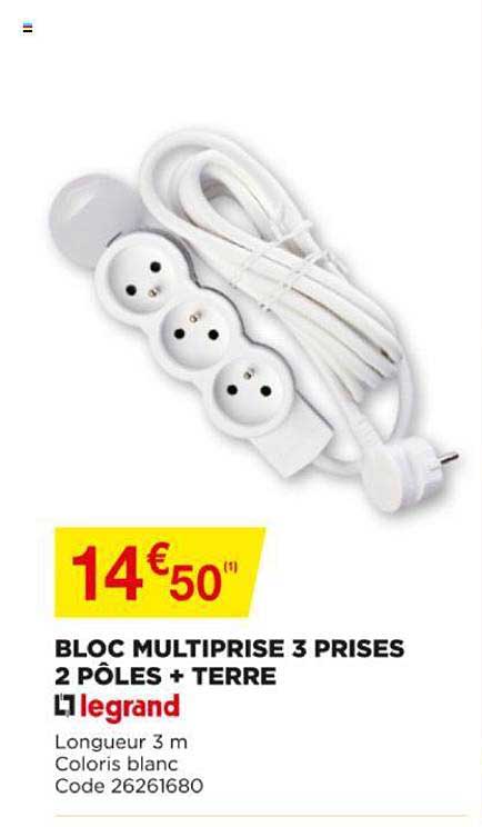 bloc multiprise 3 prises 2 pôles + terre legrand