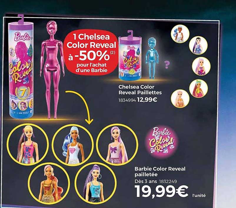 chelsea color reveal paillettes, barbie color reveal pailletée