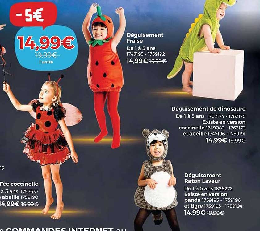 déguisement fraise, déguisement de dinosaure, déguisement raton laveur, déguisement fée coccinelle