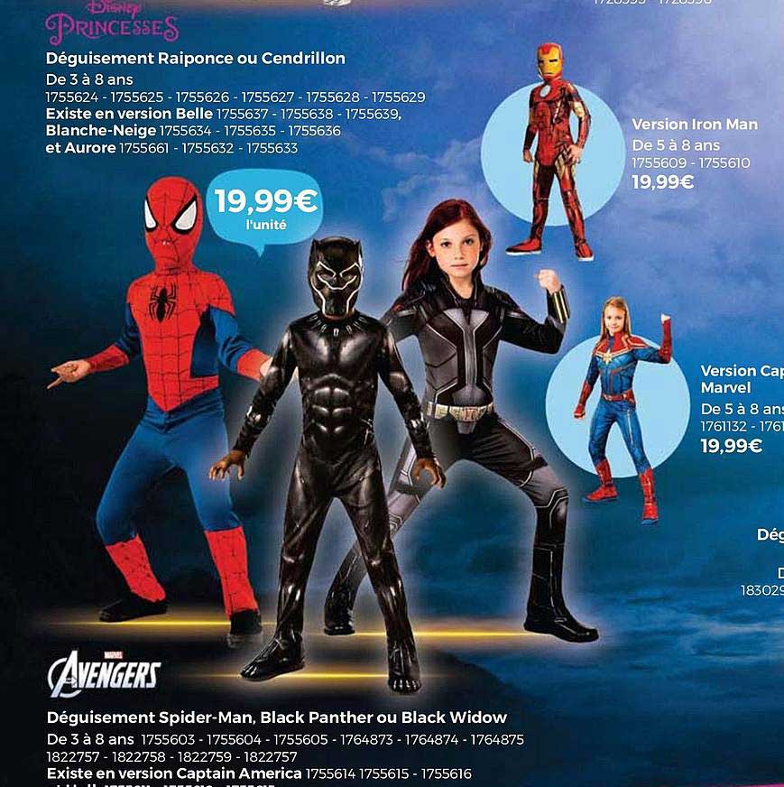 déguisement raiponce ou cendrillon, version iron man, déguisement spider-man, black panther ou black widow