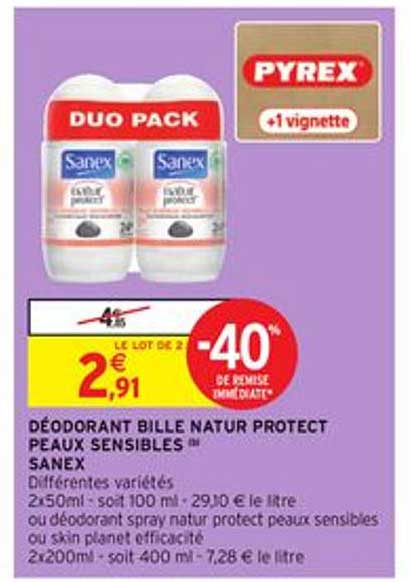 déodorant bille nature protect peaux sensibles sanex