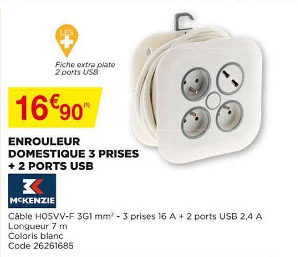 enrouleur domestique 3 prises + 2 ports usb mckenzie