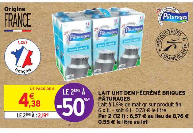 lait uht demi-écrémé briques pâturages