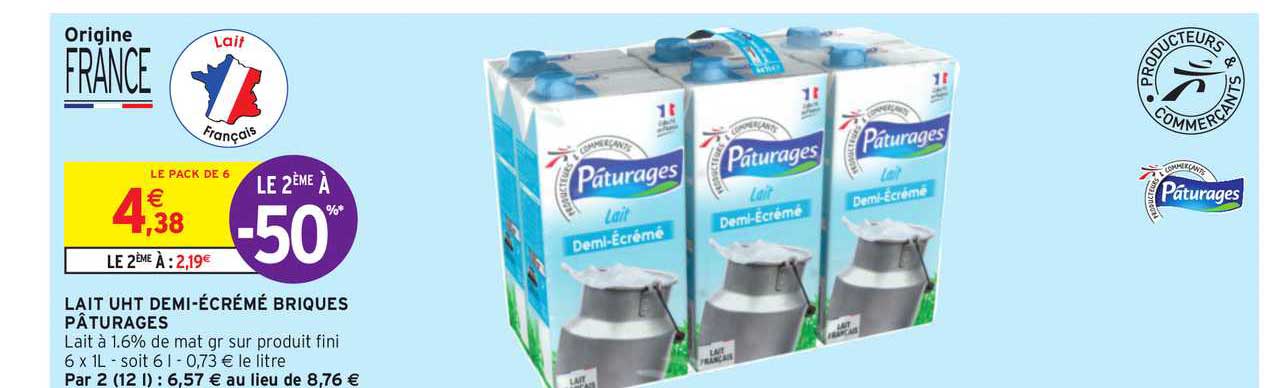 lait uht demi-écrémé briques pâturages