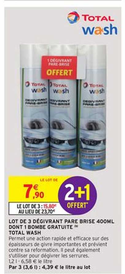 lot de 3 dégivrant pare brise 400 ml dont 1 bombe gratuite total wash