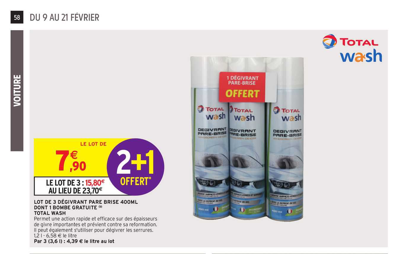 lot de 3 dégivrant pare brise 400ml dont 1 bombe gratuite total wash
