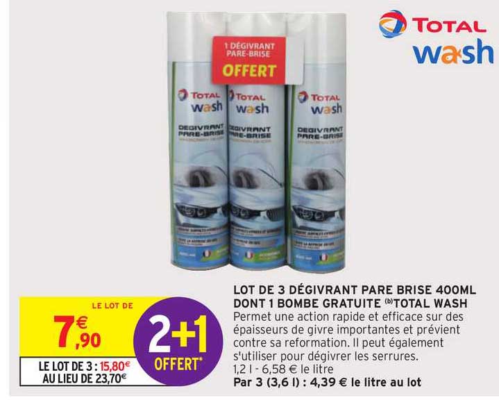 lot de 3 dégivrant pare brise 400ml dont 1 bombe gratuite total wash