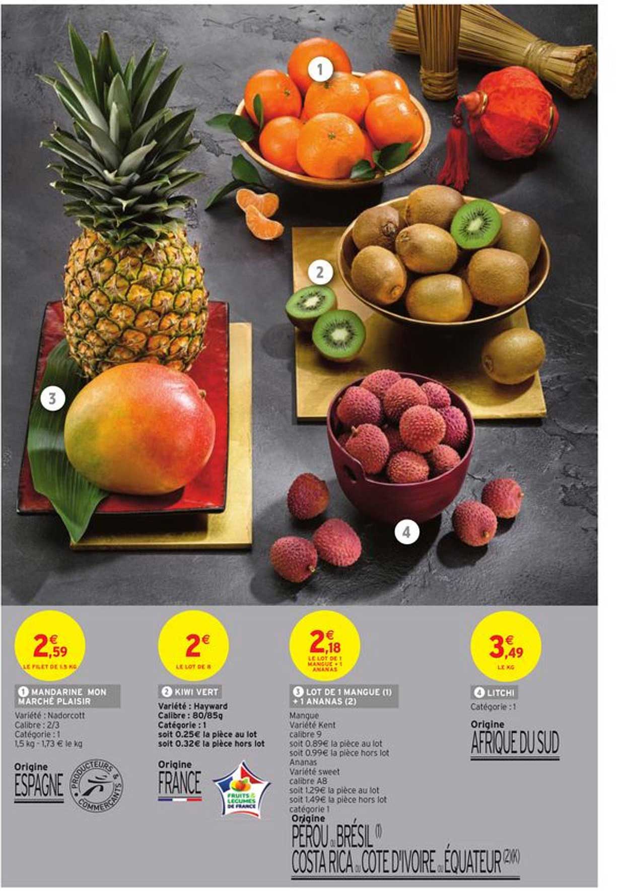 Mandarine Mon Marché Plaisir, Kiwi Vert, Lot De 1 Mangue + 1 Ananas, Litchi