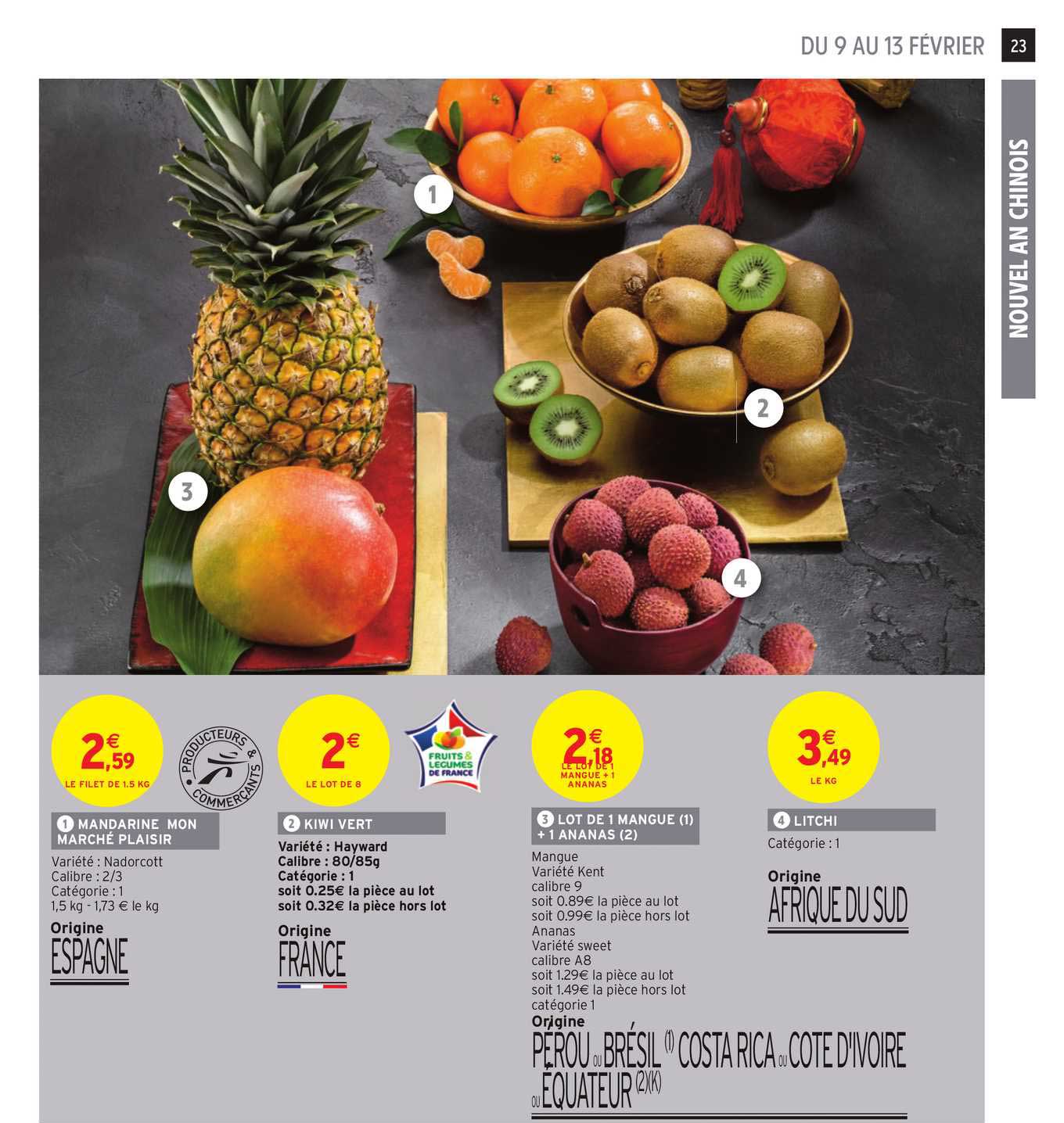 mandarine mon marché plaisir, kiwi vert, lot de 1 mangue + 1 ananas, litchi