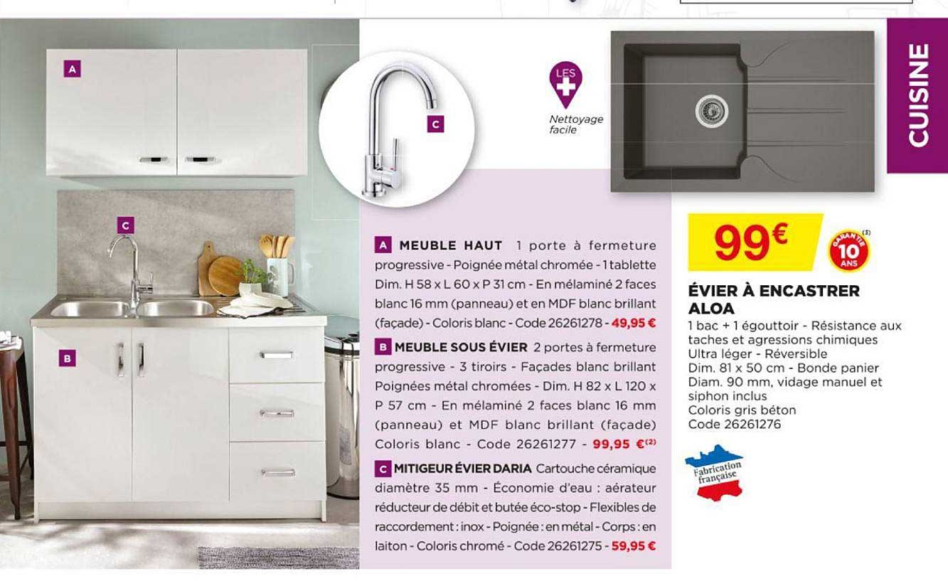 meuble haut, meuble sous évier, mitigeur évier daria, évier à encastrer aloa