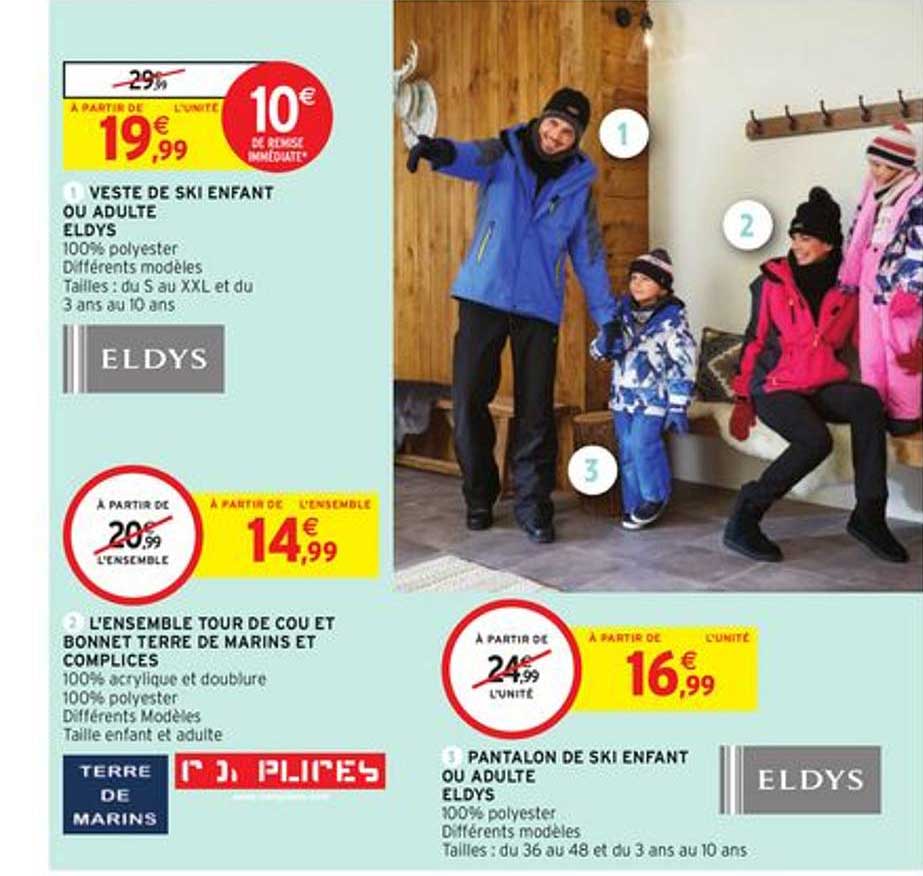 veste de ski enfant ou adulte eldys, l'ensemble tour de cou et bonnet terre de marins et complices, pantalon de ski enfant ou adulte eldys