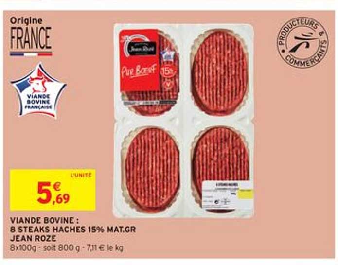 viande bovine : 8 steaks hachés 15% mat.gr jean rozé