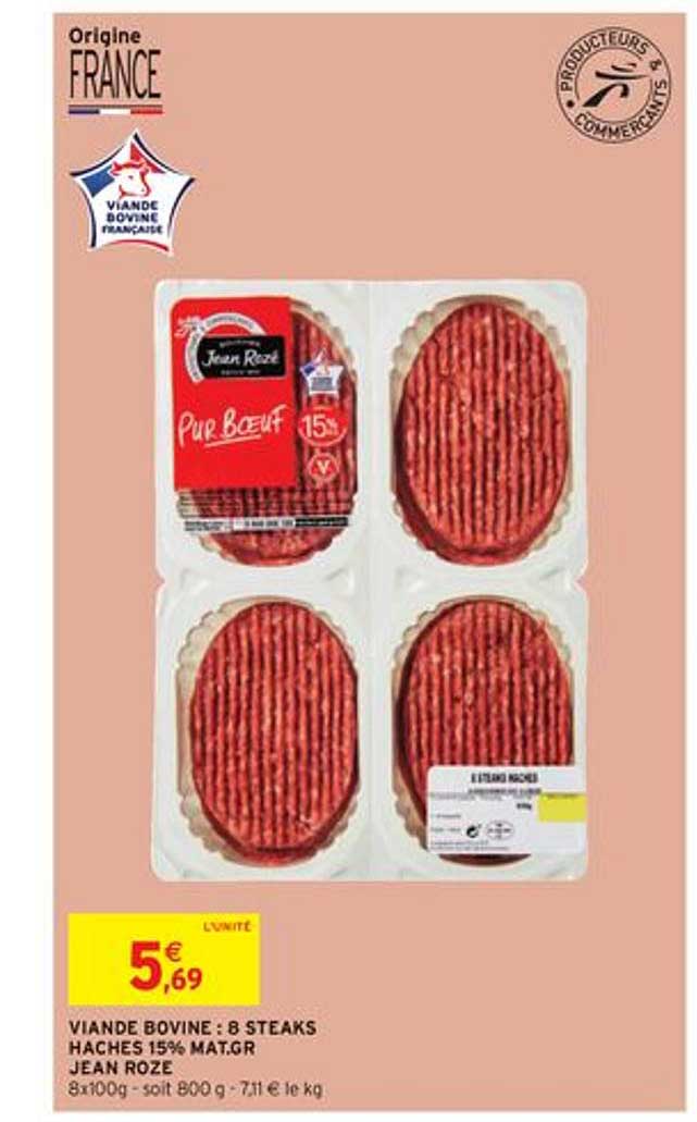 viande bovine : 8 steaks hachés 15% mat.gr jean rozé