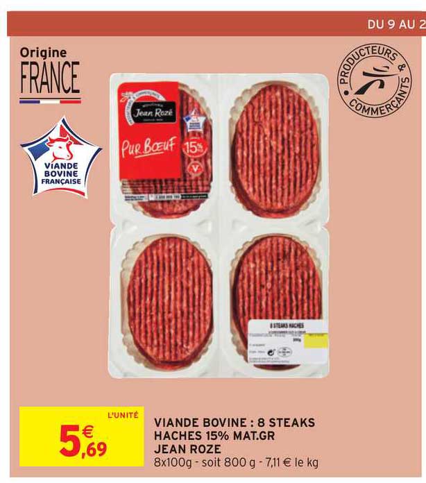 viande bovine : 8 steaks hachés 15% mat.gr. jean rozé