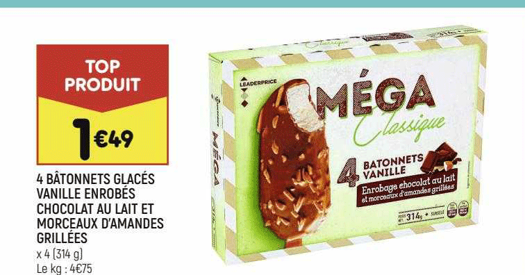 4 bâtonnets glacés vanille enrobés chocolat au lait et morceaux d'amandes grillées