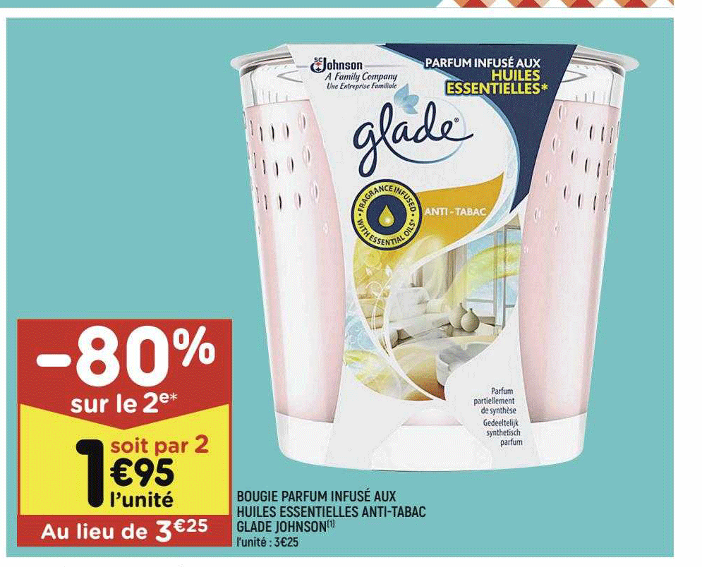 bougie parfum infusé aux huiles essentielles anti-tabac glade johson