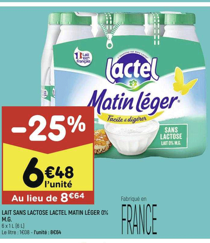 lait sans lactose lactel matin léger 0% m.g.