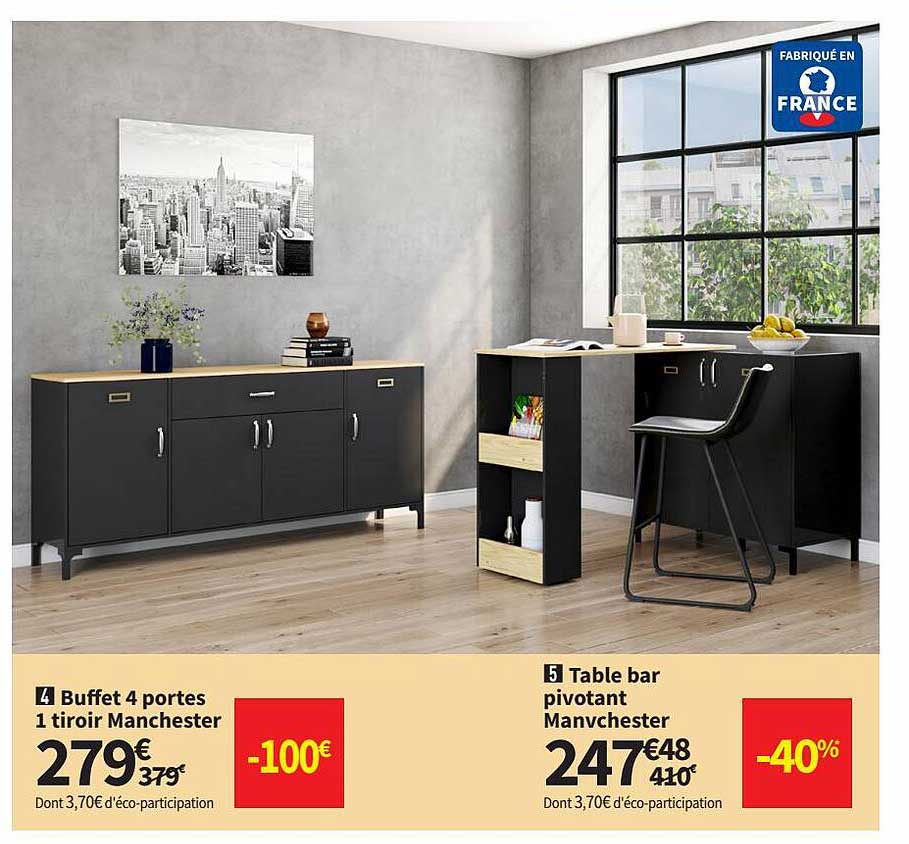Buffet 4 Portes 1 Tiroir Manchester, Table Bar Pivotant Manchester