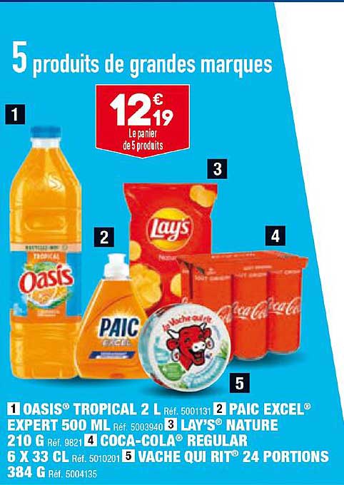 oasis tropical 2l, paic excel expert 500ml, lay's nature 210 g, coca-cola regular 6 x 33cl, vache qui rit 24 portions 384 g