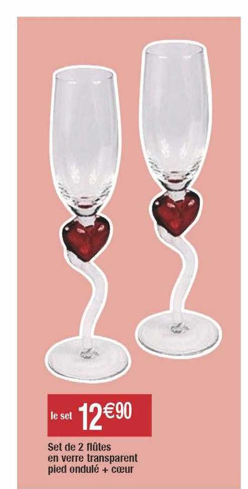 set de 2 flûtes en verre transparent pied ondulé + cœur