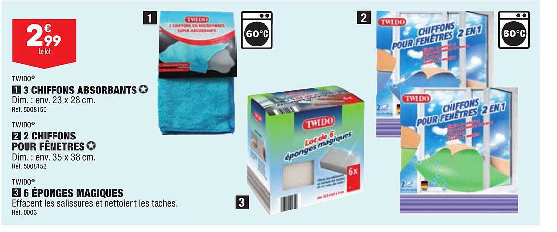 3 chiffons absorbants twido, 2 chiffons pour fenêtres twido, 6 éponges magiques twido