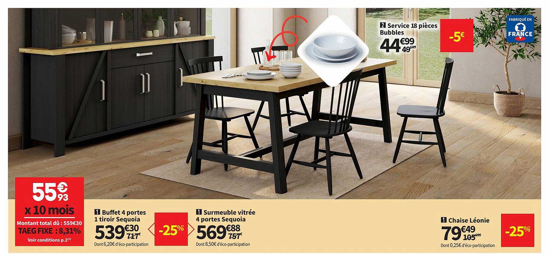 buffet 4 portes 1 tiroir sequoia, surmeuble vitrée 4 portes sequoia, chaise léonie, service 18 pièces bubbles