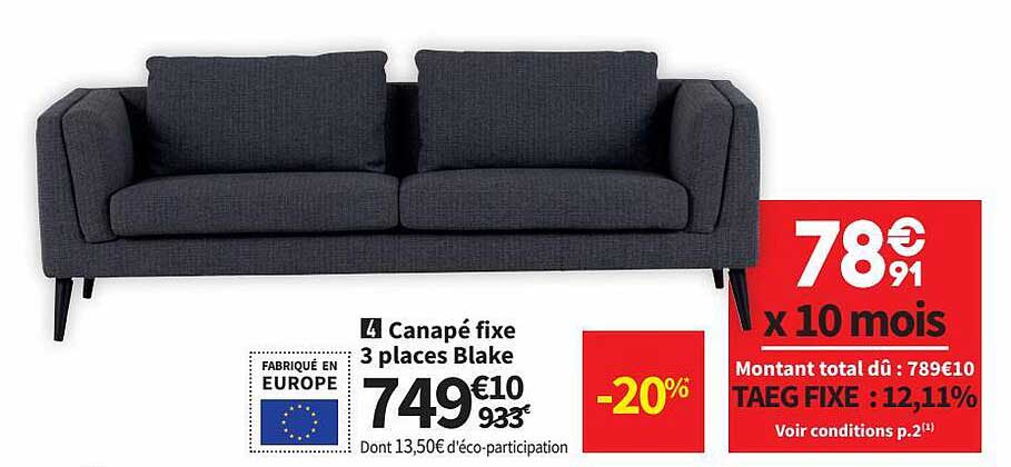 canapé fixe 3 places blake